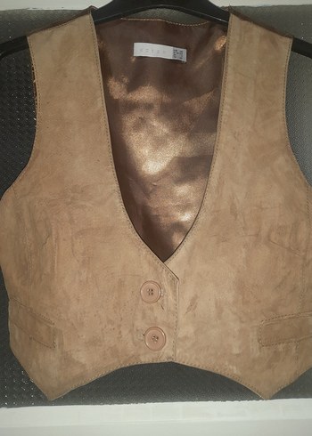 Kahverengi Süet Düğmeli V-Yaka Kadın Yelek - Görsel 2