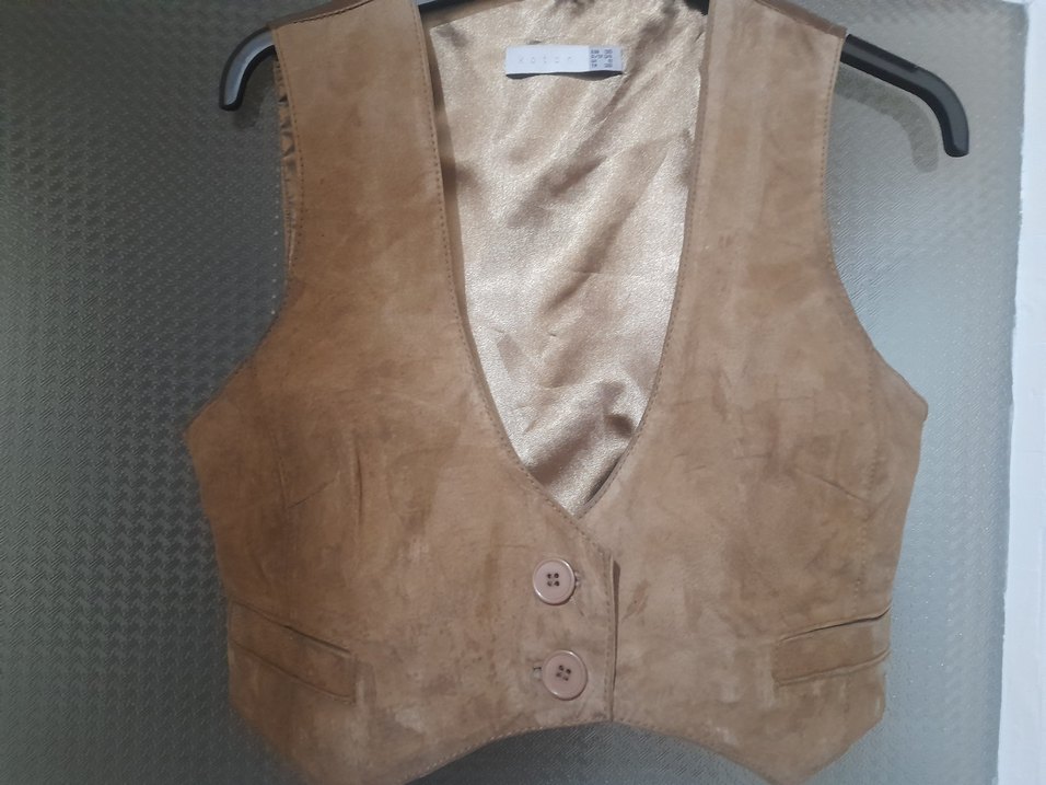 Kahverengi Süet Düğmeli V-Yaka Kadın Yelek - Görsel 4