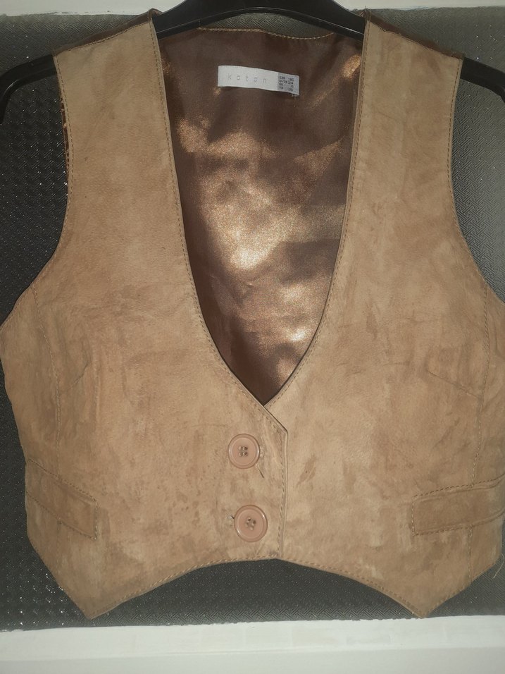 Kahverengi Süet Düğmeli V-Yaka Kadın Yelek - Görsel 2