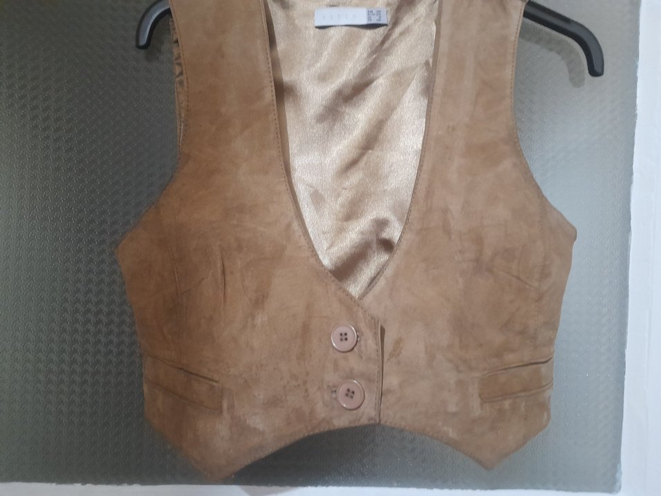 Kahverengi Süet Düğmeli V-Yaka Kadın Yelek - Görsel 5