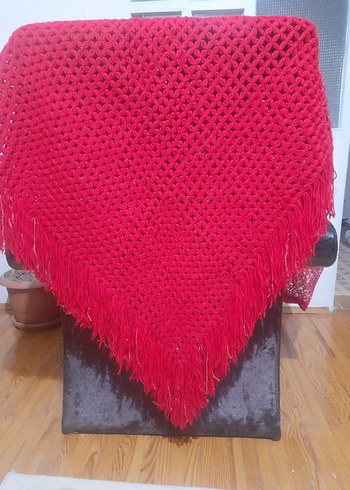 Parlak Kırmızı Örgü Kadın Şal - Görsel 4