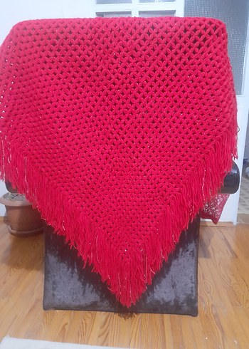 Parlak Kırmızı Örgü Kadın Şal - Görsel 3