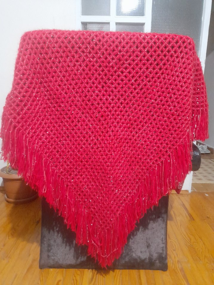 Parlak Kırmızı Örgü Kadın Şal - Görsel 2