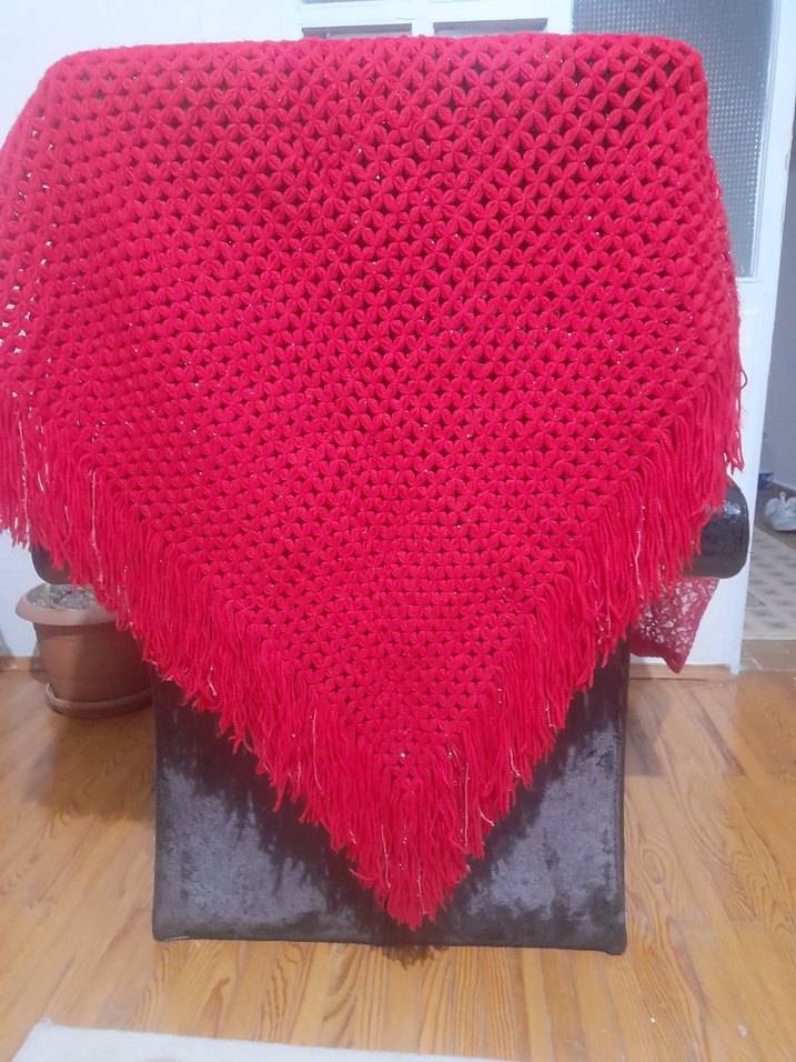 Parlak Kırmızı Örgü Kadın Şal - Görsel 4