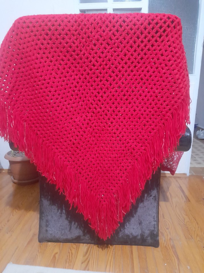 Parlak Kırmızı Örgü Kadın Şal - Görsel 3