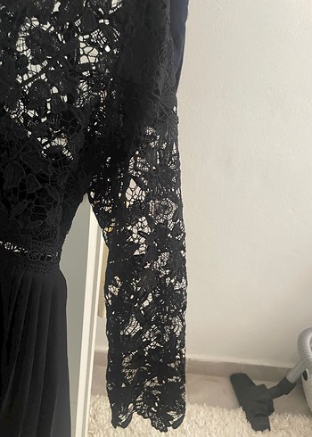 Siyah Dantel Midi Uzun Kollu V Yakalı Elbise - Görsel 5