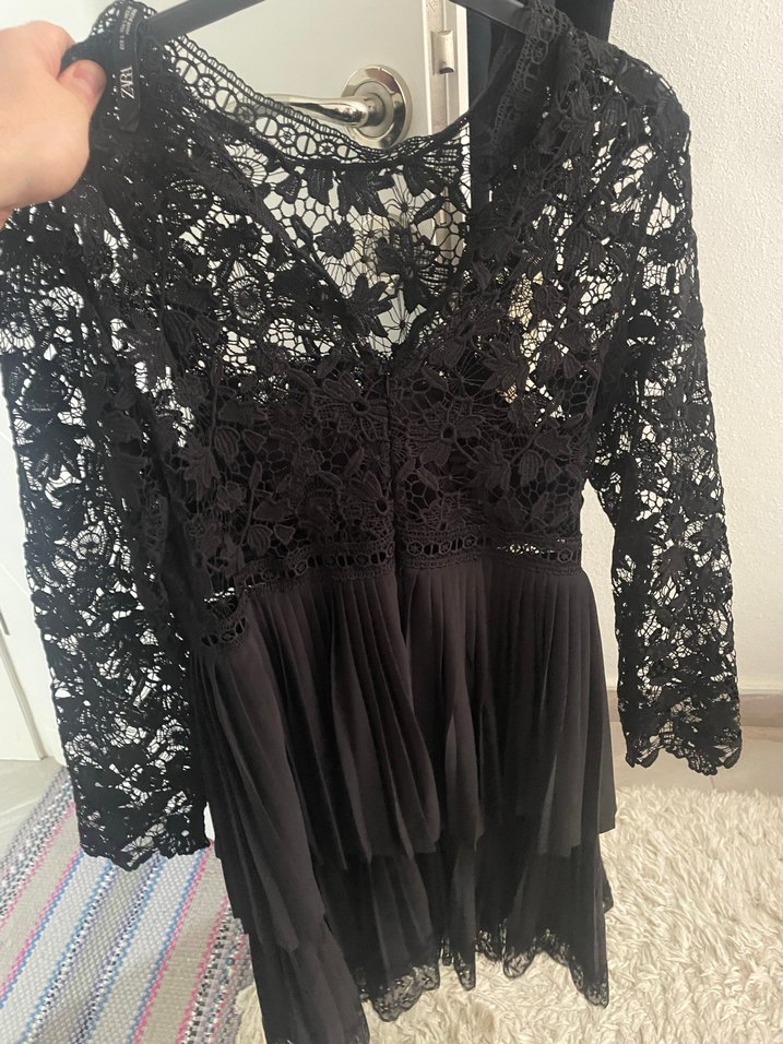 Siyah Dantel Midi Uzun Kollu V Yakalı Elbise - Görsel 4