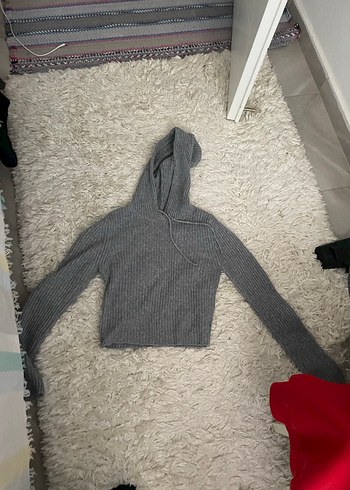 Gri Kapüşonlu Örgü Kadın Kazak - Görsel 4