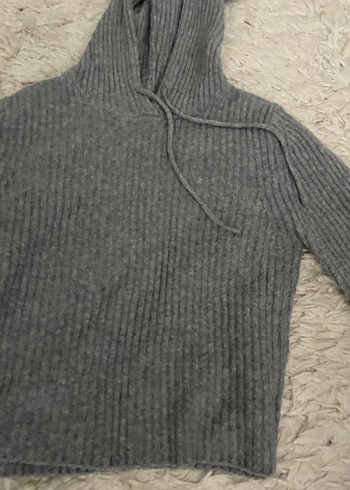 Gri Kapüşonlu Örgü Kadın Kazak - Görsel 2