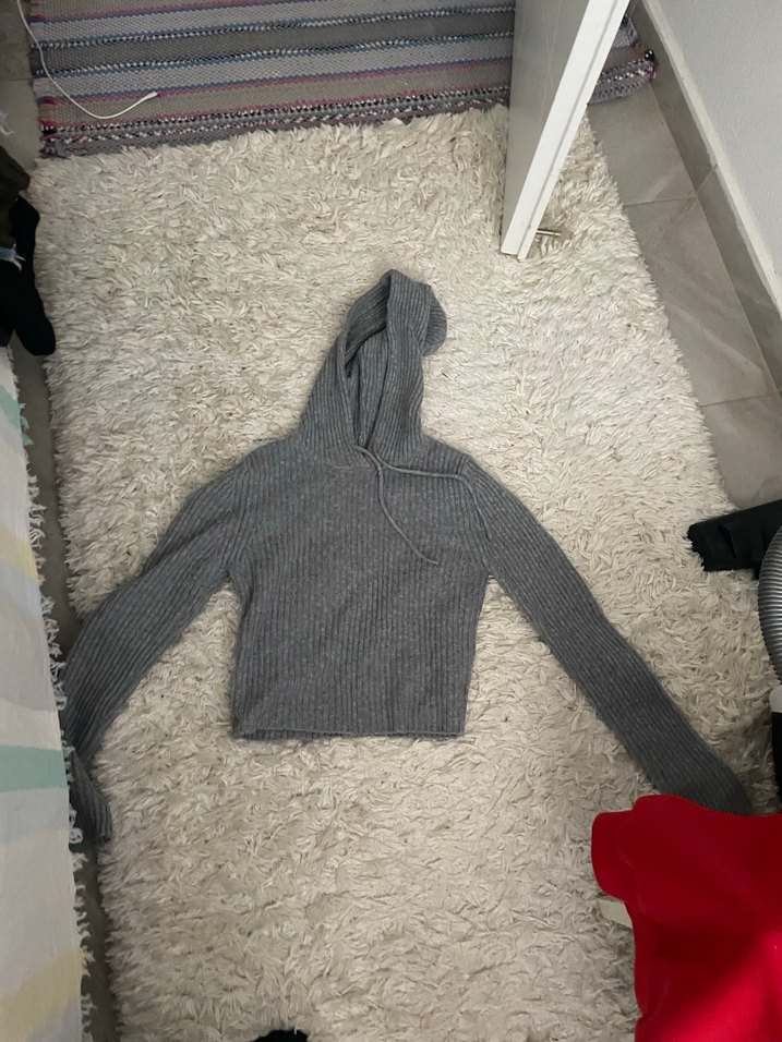 Gri Kapüşonlu Örgü Kadın Kazak - Görsel 4