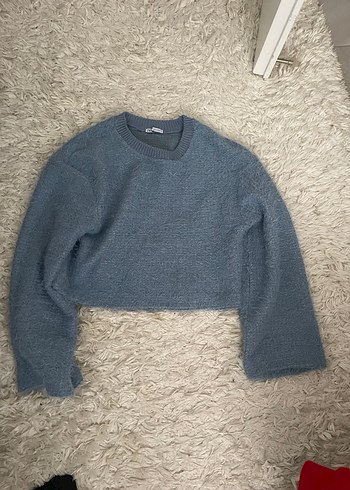 Gri, Uzun Kollu, Peluş Detaylı Kadın Kazak - Görsel 2