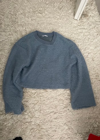 Gri, Uzun Kollu, Peluş Detaylı Kadın Kazak - Görsel 3