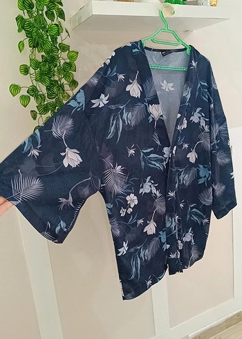 Bohem Koyu Mavi Çiçek Desenli Midi Kimono -hırka