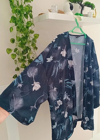 diğer Beden Bohem Koyu Mavi Çiçek Desenli Midi Kimono -hırka