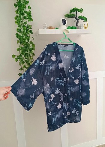 diğer Beden mavi Renk Bohem Koyu Mavi Çiçek Desenli Midi Kimono -hırka
