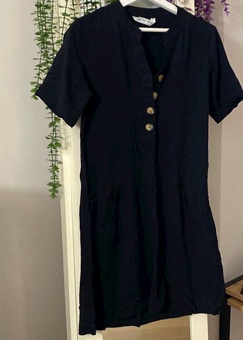 Düğmeli Siyah Keten Kadın Tulum - Görsel 4