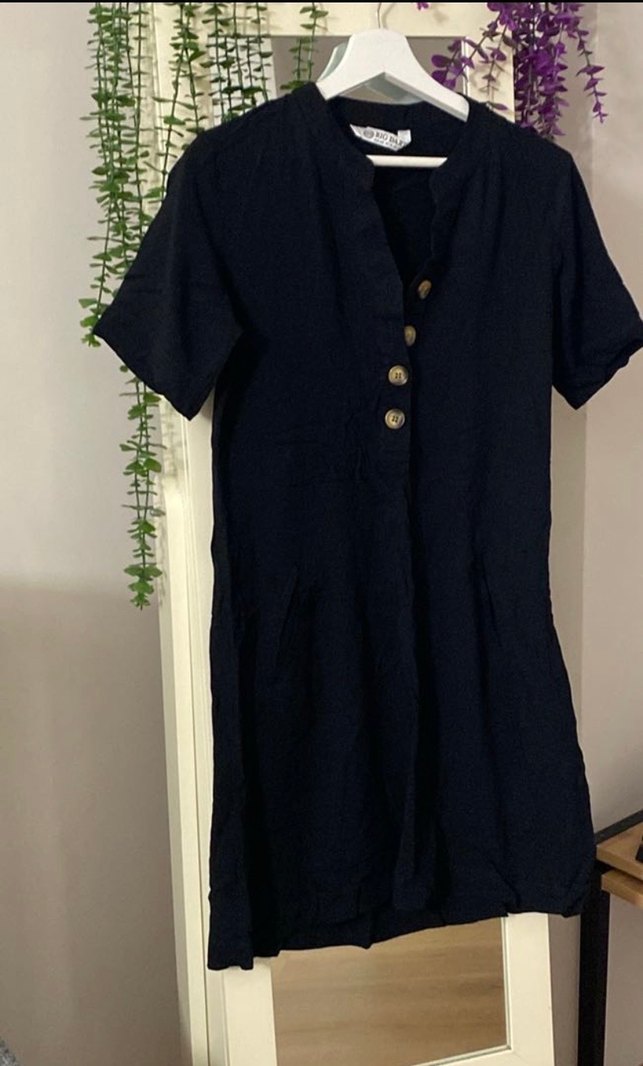 Düğmeli Siyah Keten Kadın Tulum - Görsel 4