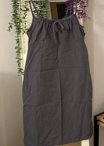 Gri Midi Keten Elbise - Görsel 4