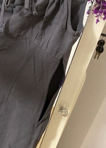 Gri Midi Keten Elbise - Görsel 3