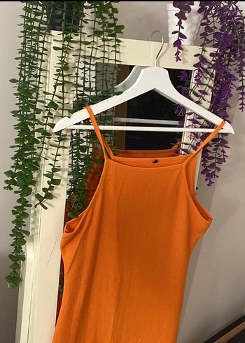 Turuncu Yüksek Yakalı Kolsuz uzun Elbise - Görsel 2