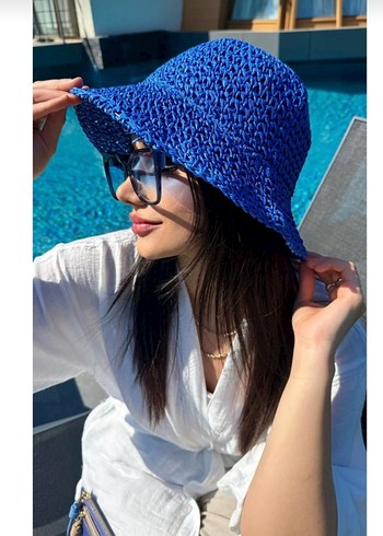 Örgü Mavi Bohem Kadın Şapka - Görsel 2