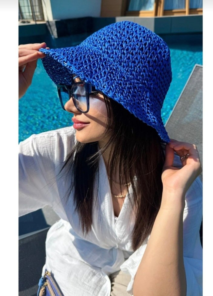 Örgü Mavi Bohem Kadın Şapka - Görsel 2