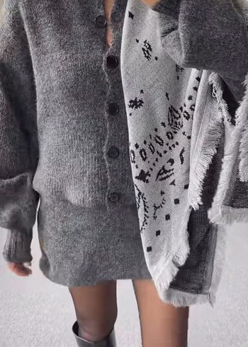 Gri Bohem Örgü Kadın Şal - Görsel 4