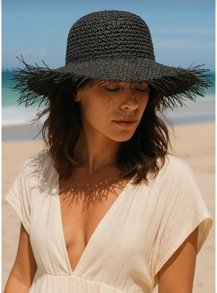 Bohem Tarz Siyah Hasır Şapka - Görsel 5