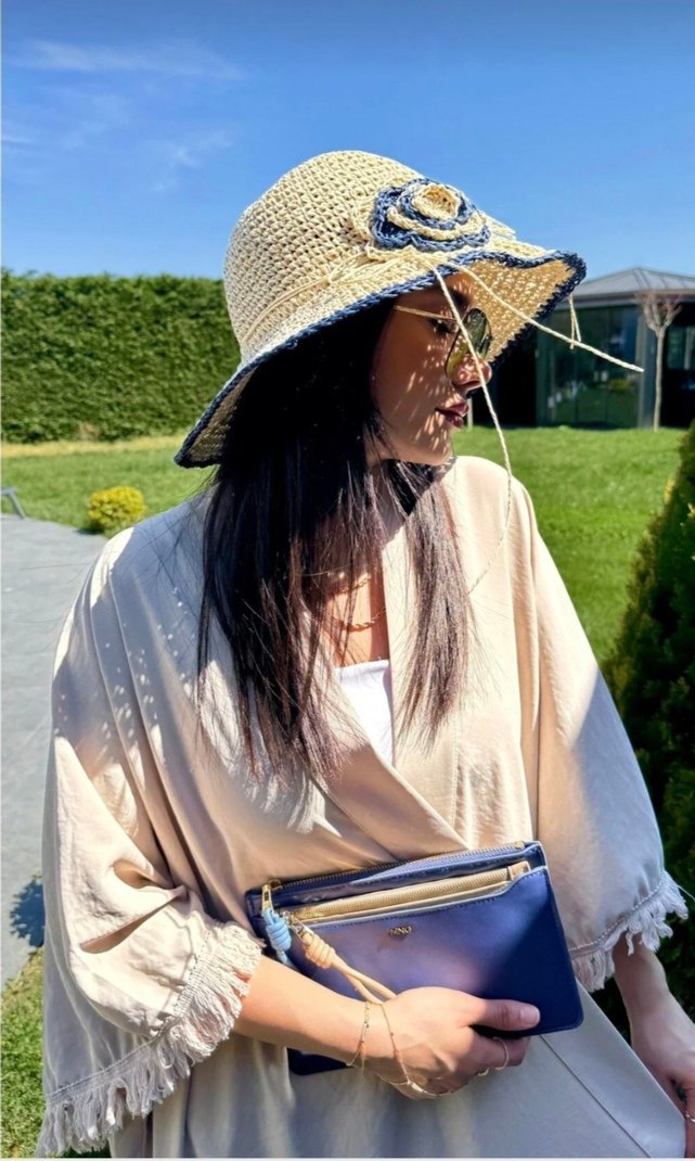 Fırfırlı hasır Örgü Bohem Kadın Şapka - Görsel 3