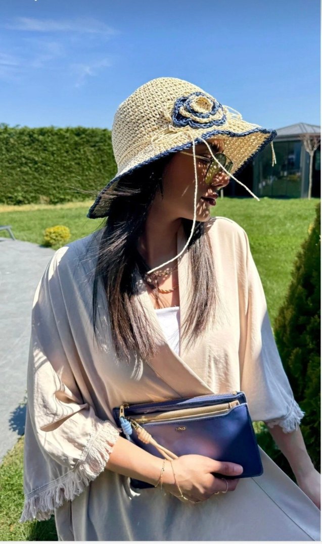 Fırfırlı hasır Örgü Bohem Kadın Şapka - Görsel 4