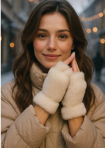 Beyaz Kürk Detaylı Kadın Eldiven - Görsel 3