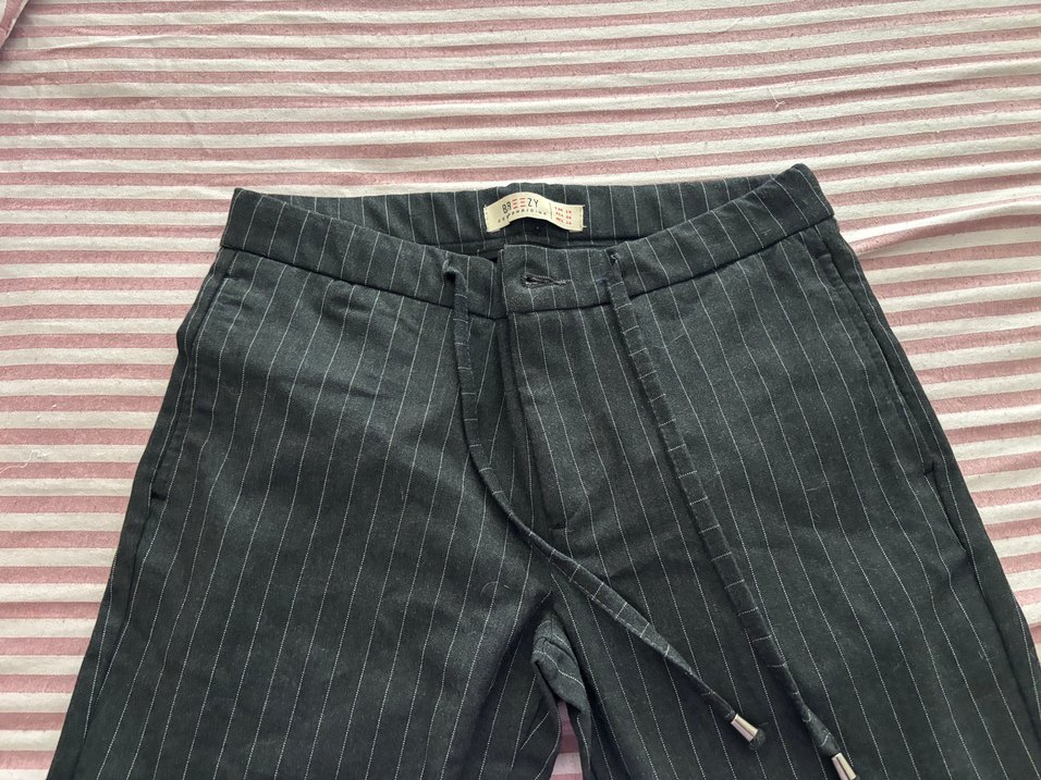 Unisex Kemerli Çizgili Kumaş Pantolon - Görsel 3