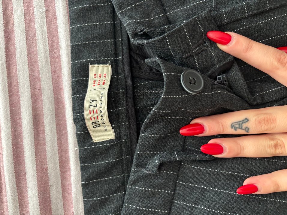 Unisex Kemerli Çizgili Kumaş Pantolon - Görsel 2