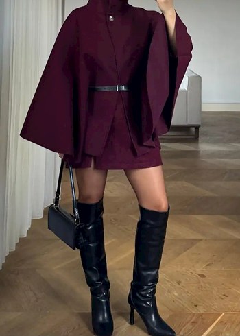 Zara Bordo Deri Kemerli Kaşe Kadın Panço
