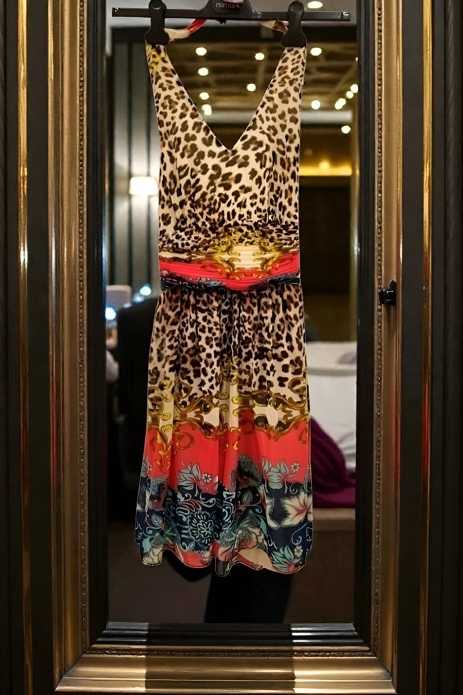 Leopar Desenli Drapeli Elbise - Görsel 2