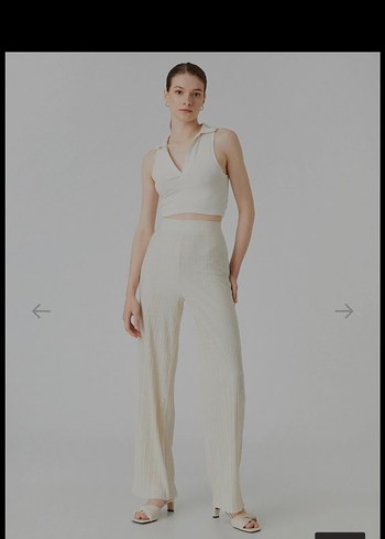 Bej Pilili Midi Keten Kadın Pantolon - Görsel 4