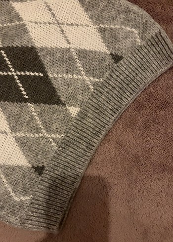 Gri Ekose Desenli V Yaka yün örgü Süveter - Görsel 4