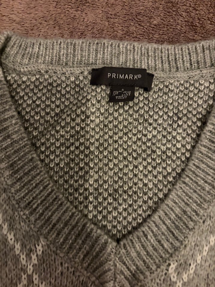 Gri Ekose Desenli V Yaka yün örgü Süveter - Görsel 2