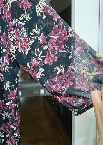 Bohem Tarz Mor Çiçek Desenli elbise şifon astarlı - Görsel 6