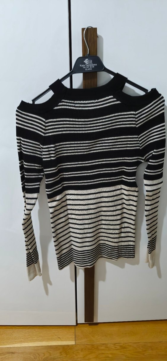 Çizgili Siyah Kadın Triko Kazak - Görsel 2