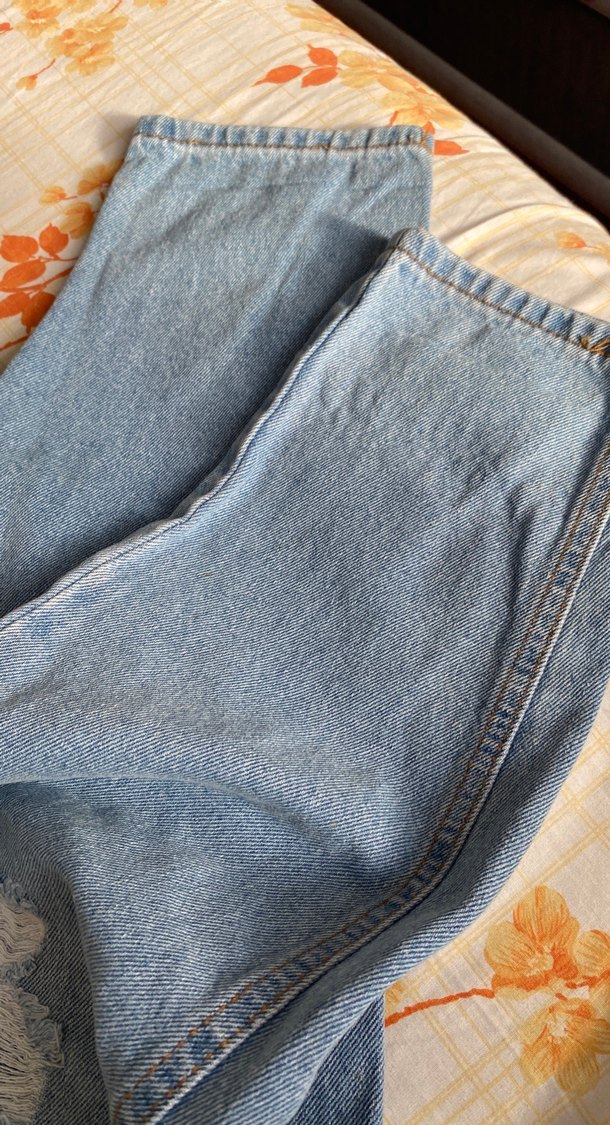 Kadın Mavi Bol Kesim Yırtık Denim Pantolon - Görsel 2