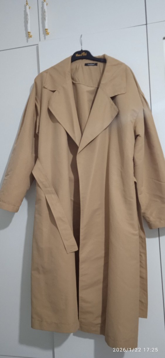 Bej Kadın Uzun Keten Trençkot - Görsel 3