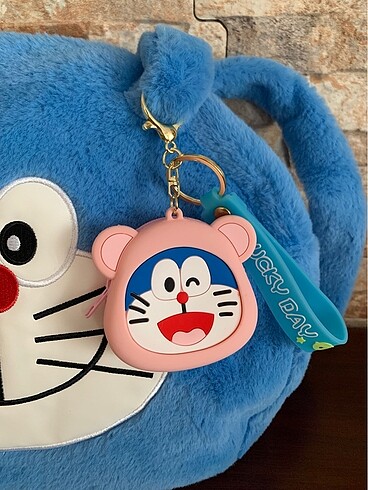Beden mavi Renk Doraemon Peluş Kol Çantası ve Silikon Cüzdan