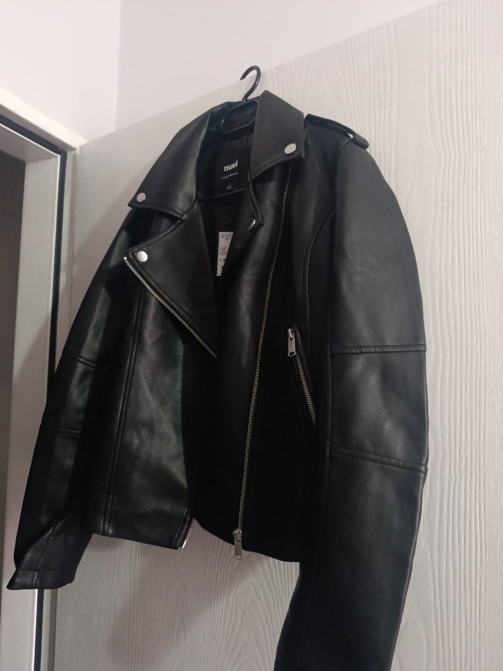 Siyah Deri Kadın Biker Ceket - Görsel 3