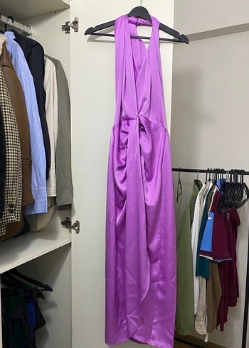 Pembe Drapeli V Yaka Uzun Elbise - Görsel 3