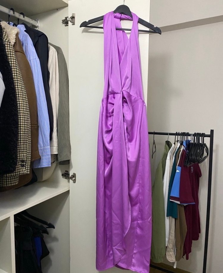 Pembe Drapeli V Yaka Uzun Elbise - Görsel 3