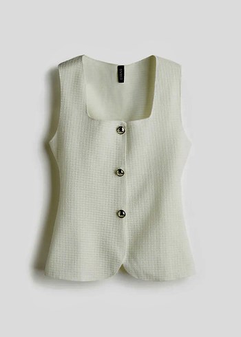 Düğmeli V Yaka Beyaz Triko Kadın Yelek - Görsel 2