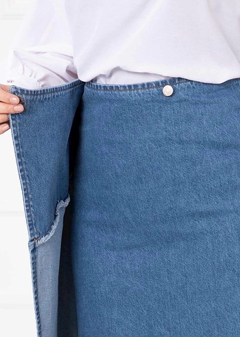 42 Beden Drapeli Mavi Uzun Denim Etek