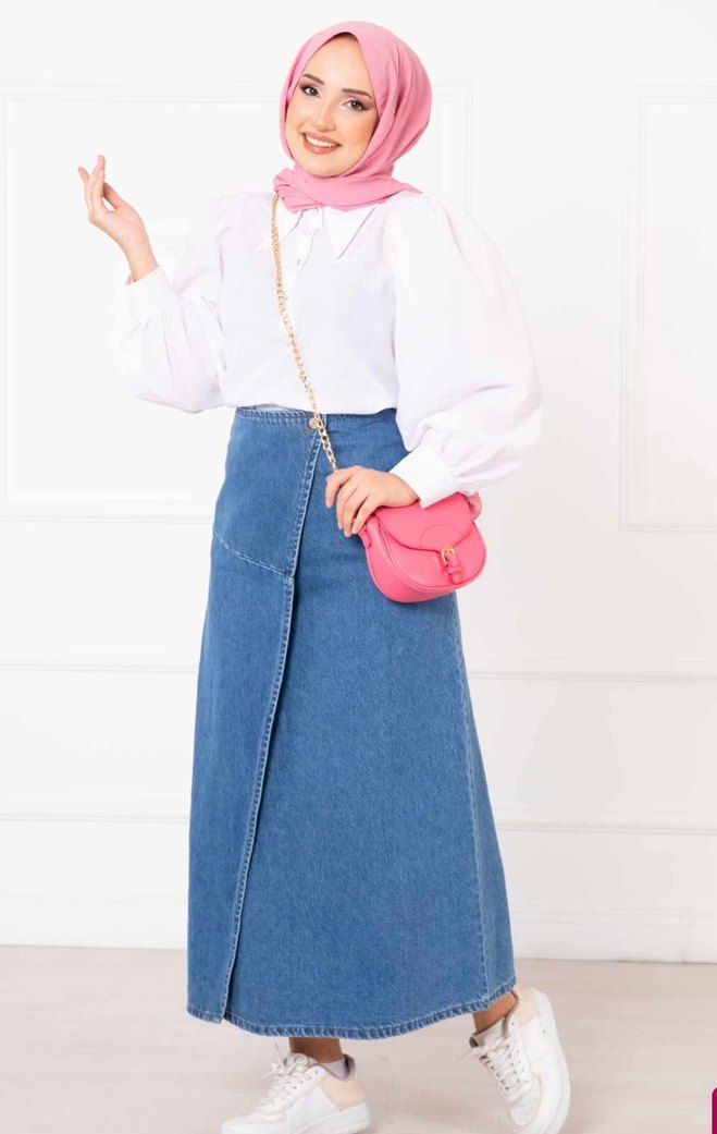 Drapeli Mavi Uzun Denim Etek - Görsel 3