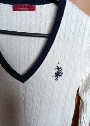U.S Polo Assn. V Yaka Beyaz Örgü Pamuklu Kadın Kazak